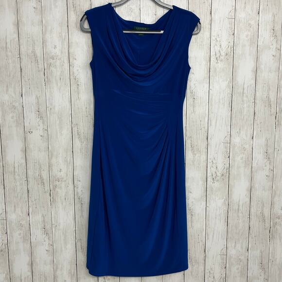 Lauren Ralph Lauren Blue Cowlneck Fitted Knee Length Sexy Date Night Work Dress - Picture 1 of 10
